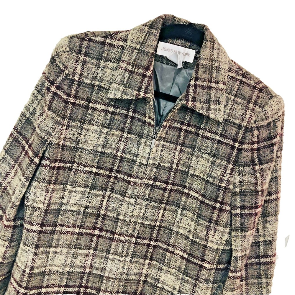 Jones New York‎ Womens Plaid Zip Jacket Lined Wool USA Casual Office 12 L XL